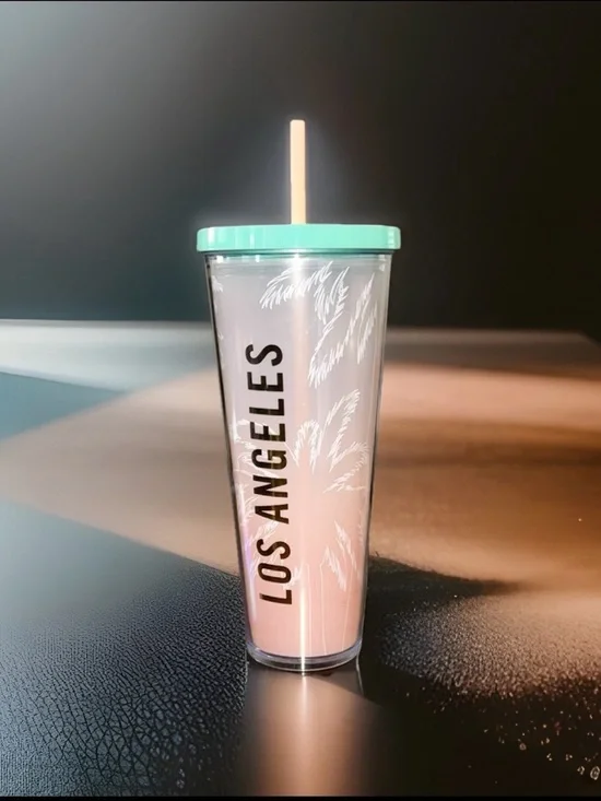 Starbucks Los Angeles Pink Ombre Palm Tree Tumbler 24oz Cup Straw Lid EUC - Picture 2 of 5